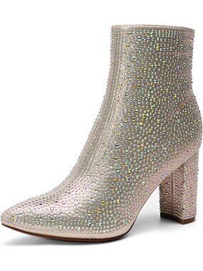 Women's Gold Chunky Heel Short Boot Ankle Pointed Toe Rubber Sole Side Zipper